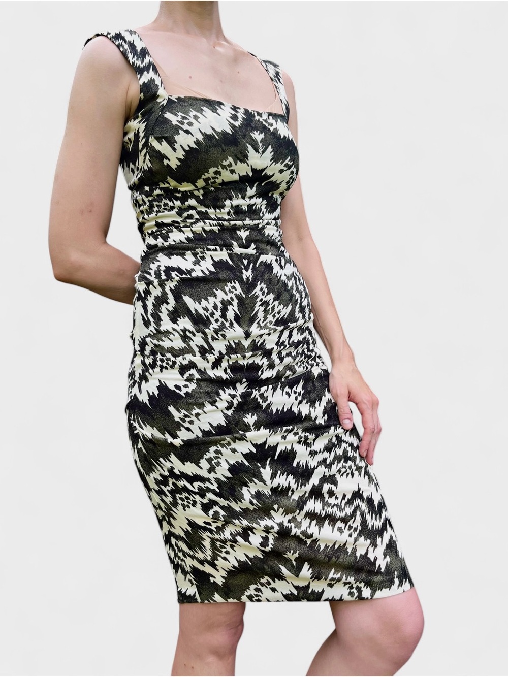 Nicole Miller Abstract Ruched Ikat Olive Cream Black Bodycon Midi Sample Dress